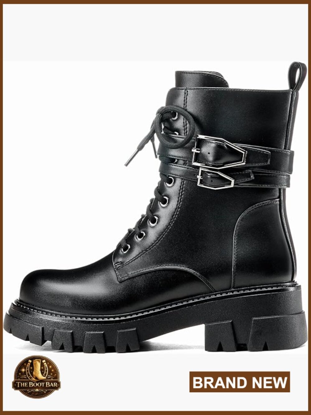Women's Combat Boots with Buckle Lug Sole Chunky Heel Waterproof Vegan Leather